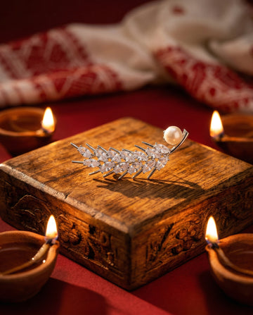 Elegant Pearl & Marquise CZ Feather Brooch