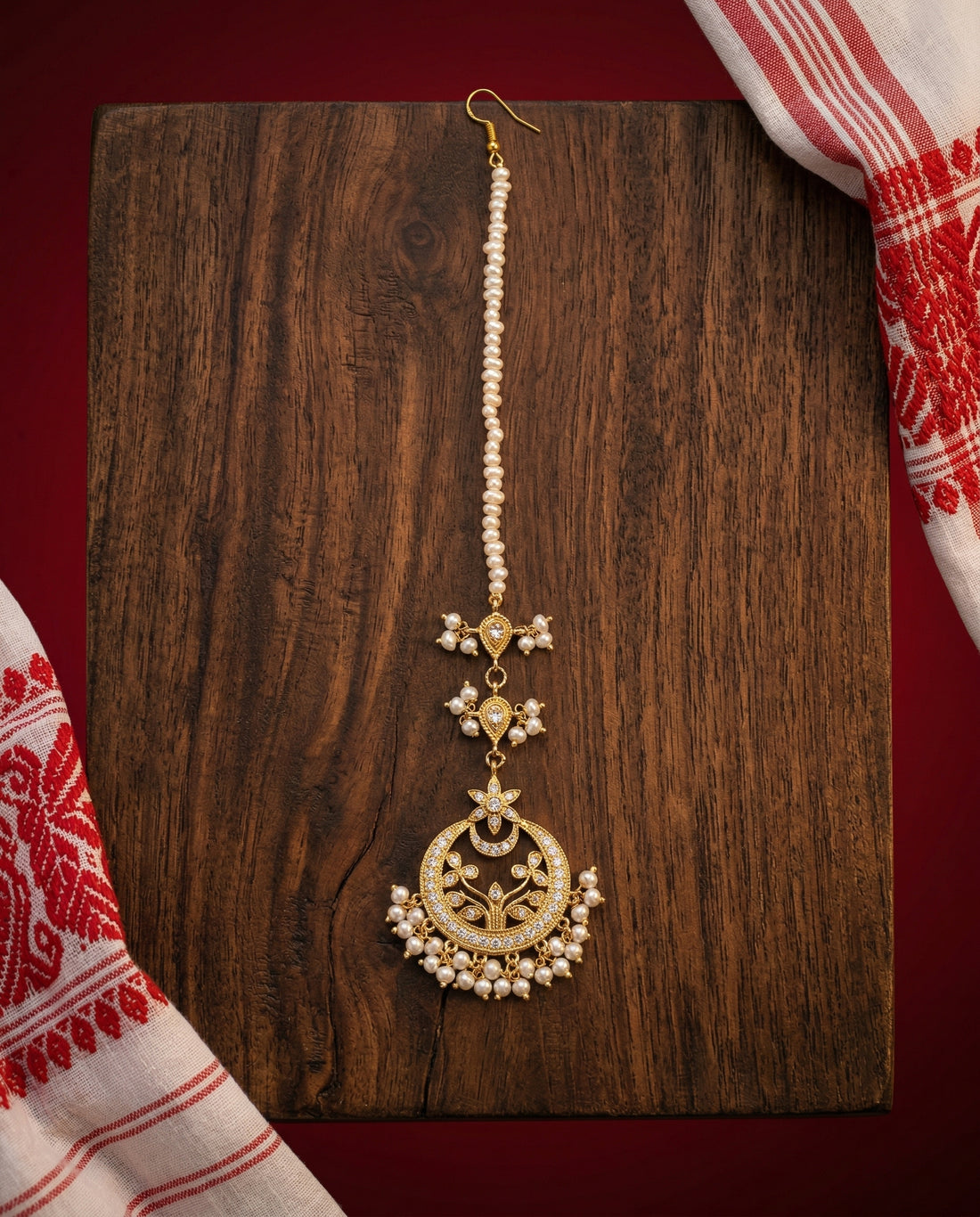 Traditional Chandbali Maang Tikka with Pearl Droplets