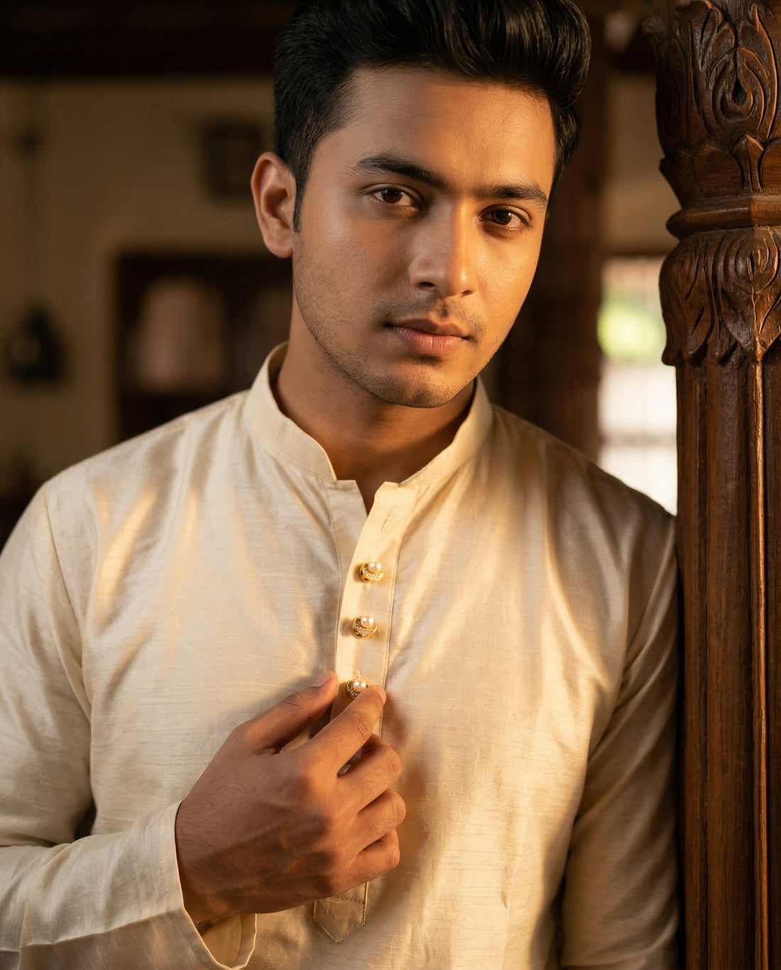 Regal Pearl & CZ Encrusted Kurta Buttons with Link Chain