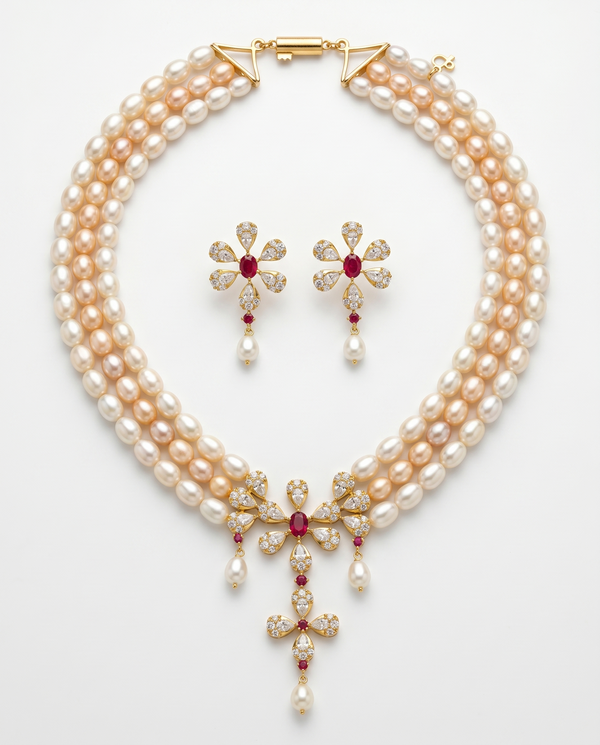 Royal Triple Strand Peach and White Pearl jewellery Set