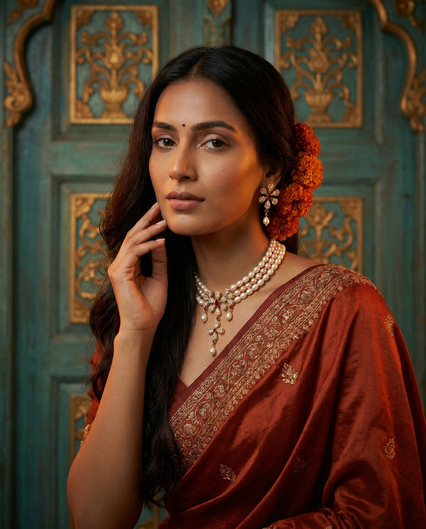 Royal Triple Strand Peach and White Pearl jewellery Set