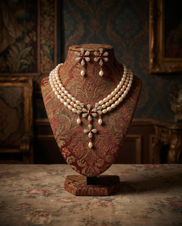 Royal Triple Strand Peach and White Pearl jewellery Set