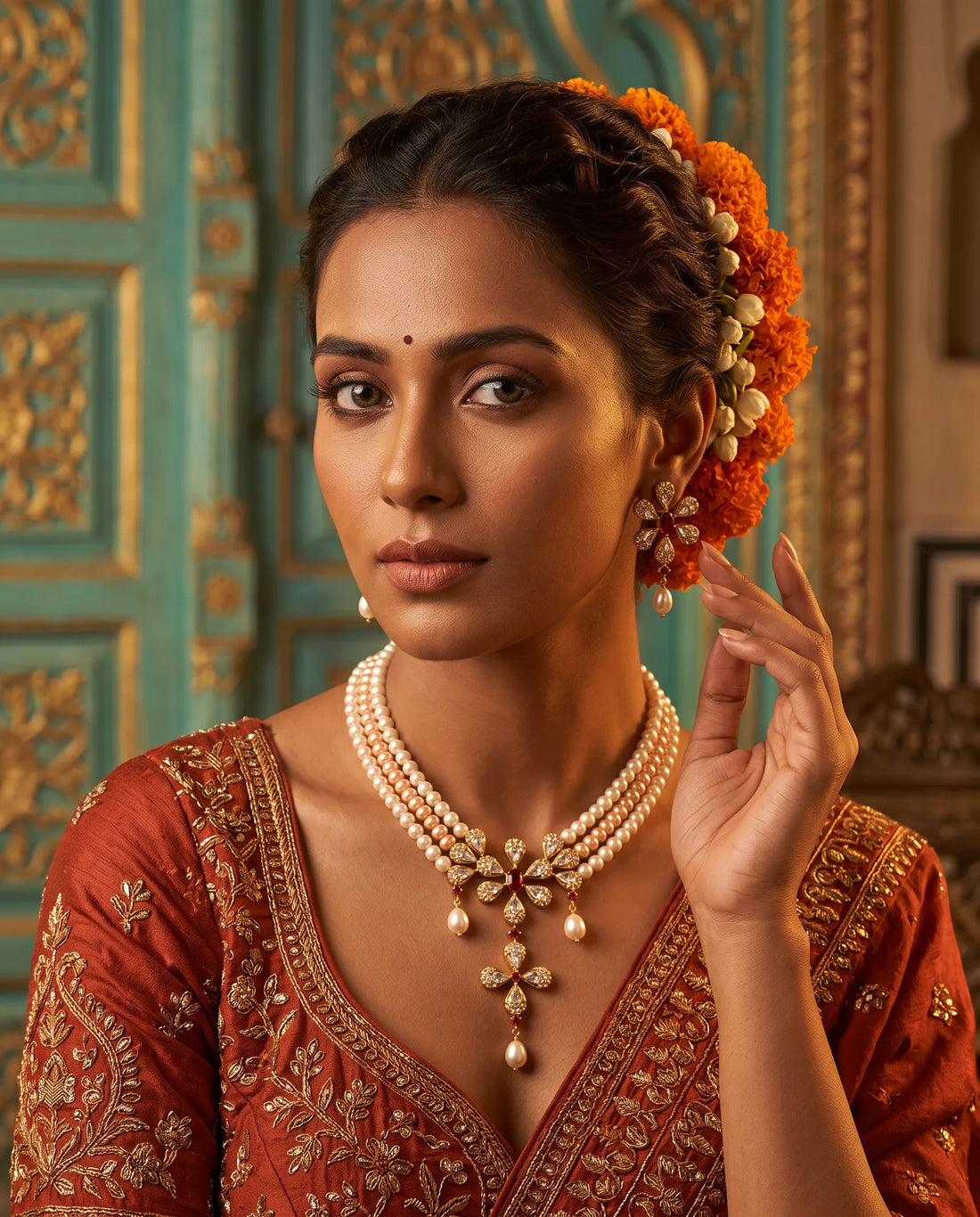 Royal Triple Strand Peach and White Pearl jewellery Set
