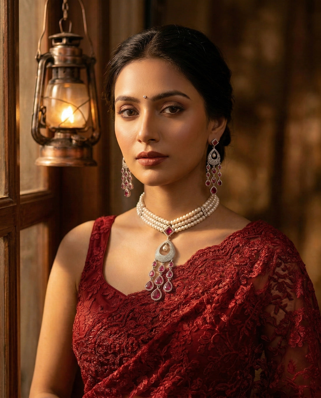 Radiant Ruby & Triple-Strand Pearl Necklace Set