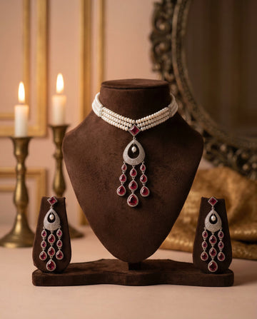 Radiant Ruby & Triple-Strand Pearl Necklace Set