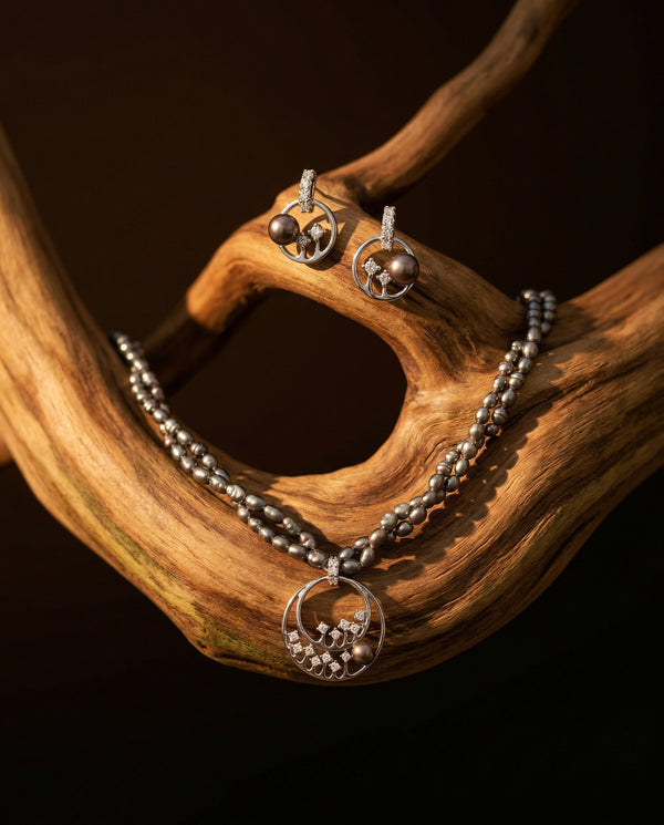 Black Pearl Double-Strand Necklace with Drop Earrings