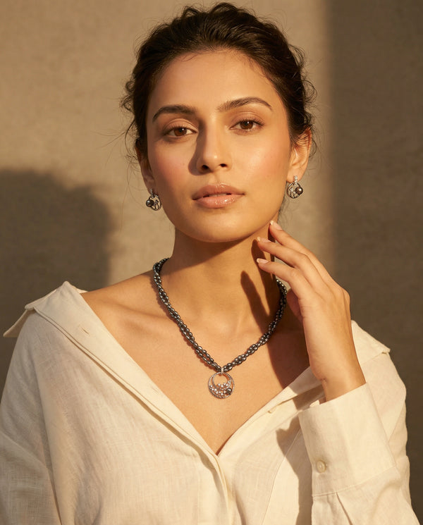 Black Pearl Double-Strand Necklace with Drop Earrings