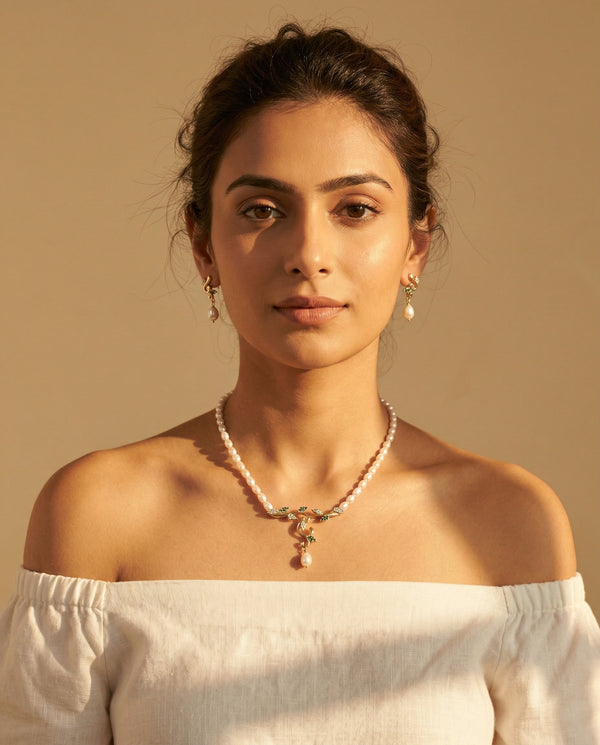 Botanical Pearl Strand Necklace with Drop Earrings