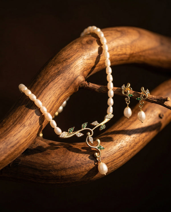 Botanical Pearl Strand Necklace with Drop Earrings