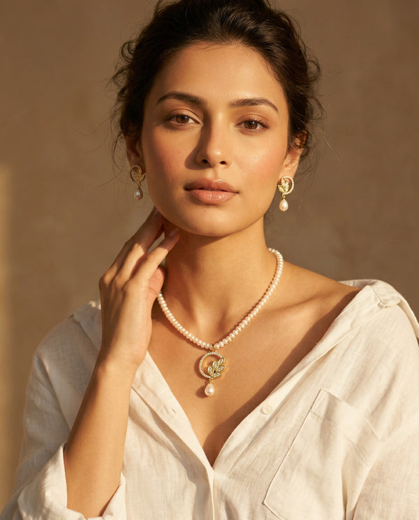 Lustrous Pearl Gold-Plated CZ Necklace and Earring Set