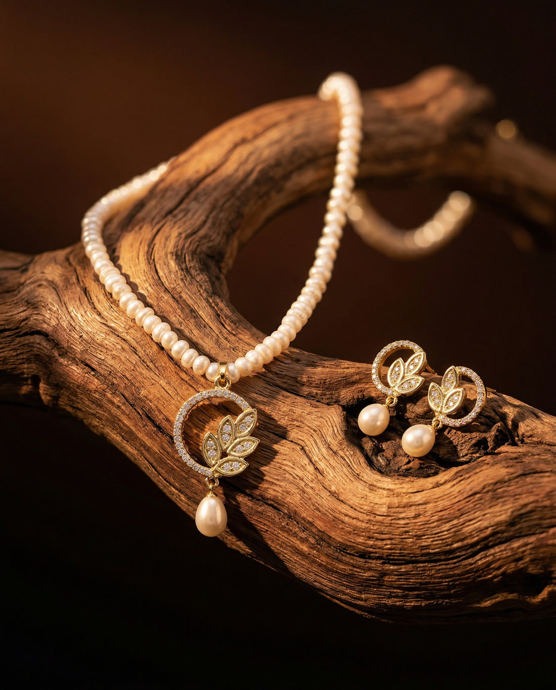 Lustrous Pearl Gold-Plated CZ Necklace and Earring Set