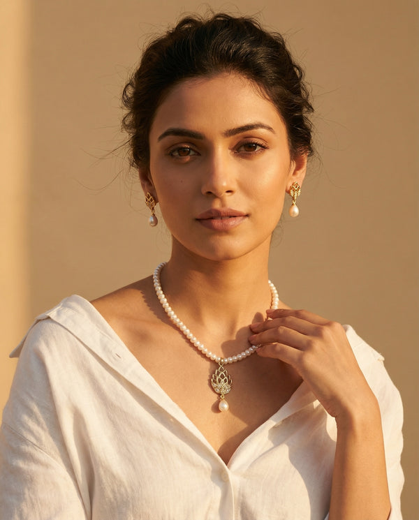 Elegant Gold Plated Lotus Pearl Necklace & Earring Set