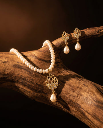Elegant Gold Plated Lotus Pearl Necklace & Earring Set