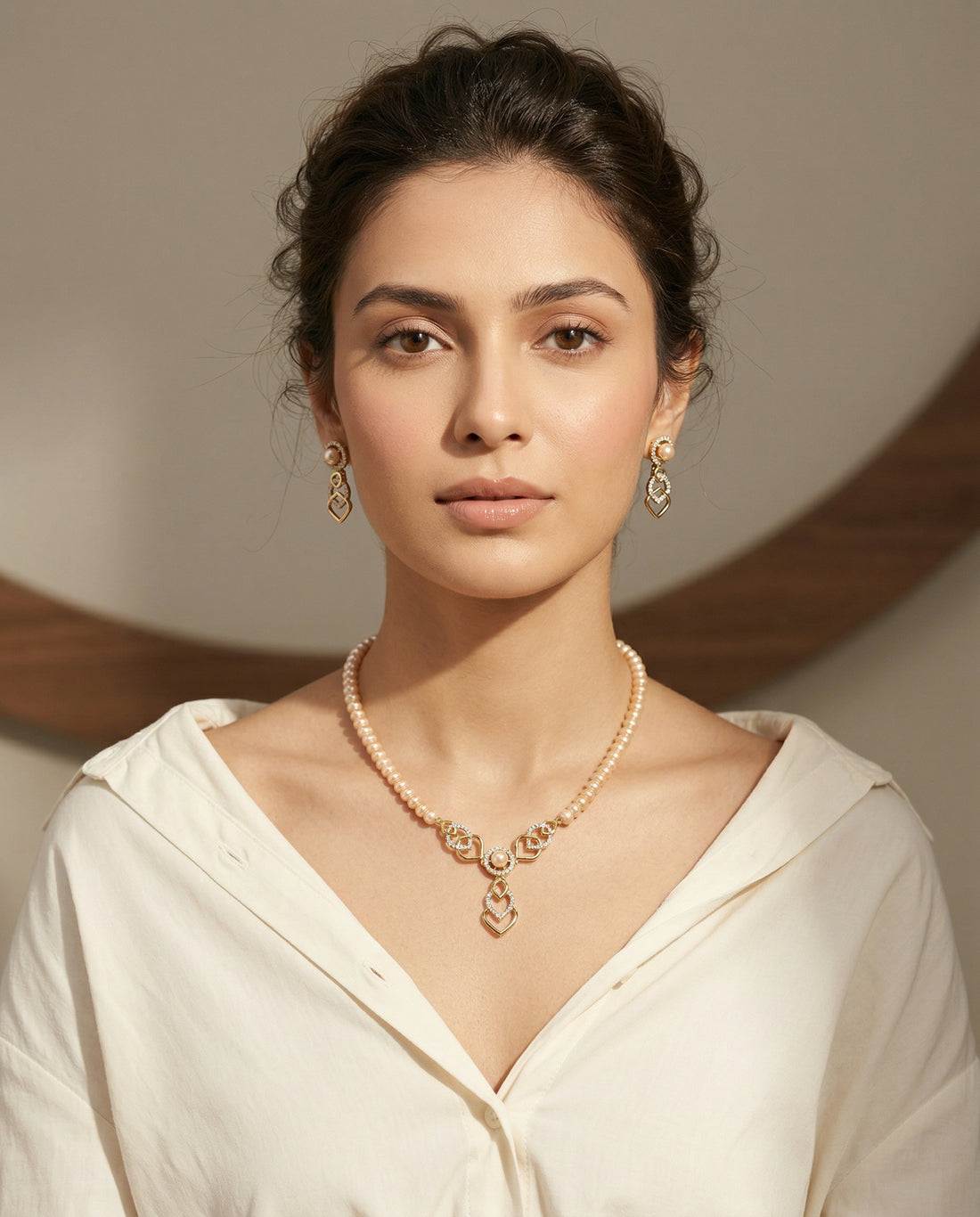 Rose Gold-Tone Pink Pearl Interlocking Necklace & Earring Set