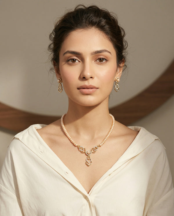 Rose Gold-Tone Pink Pearl Interlocking Necklace & Earring Set