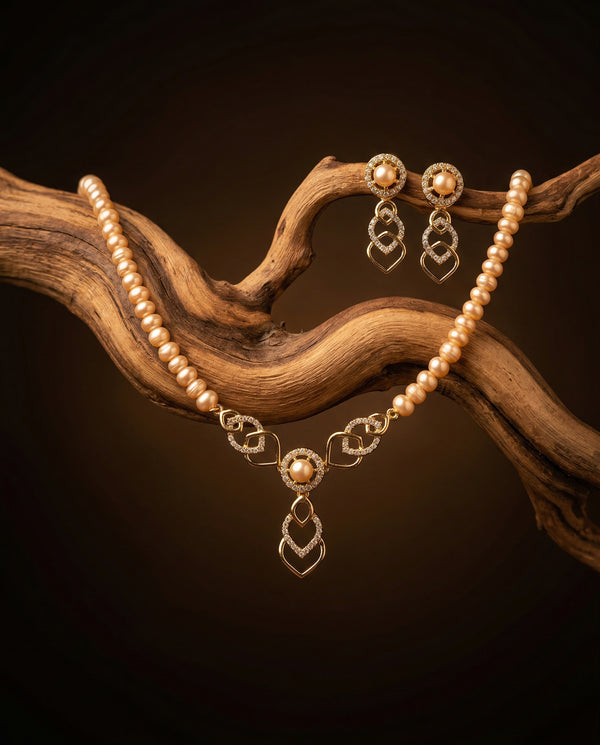 Rose Gold-Tone Pink Pearl Interlocking Necklace & Earring Set