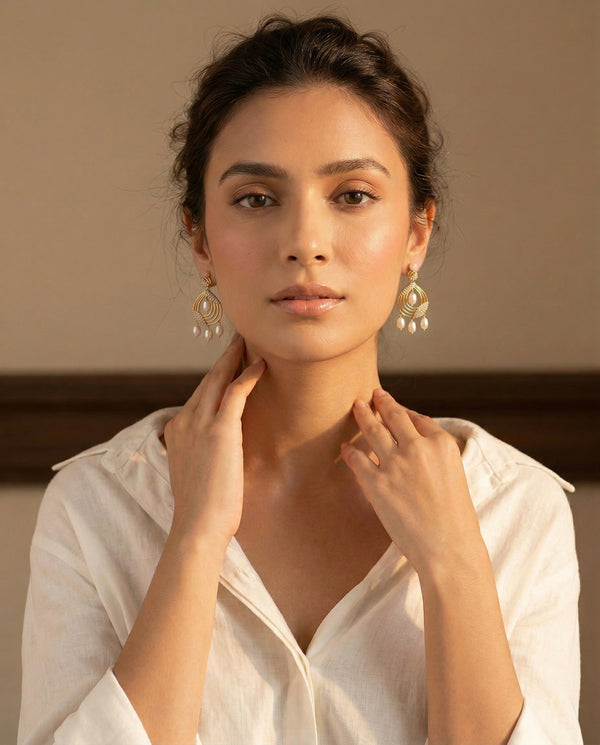 Regal Gold-Plated Chandbali Pearl Drop Earrings