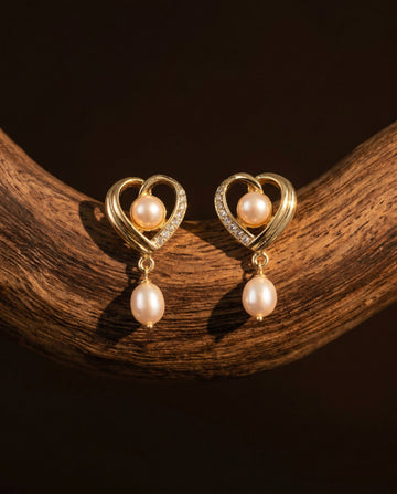 Radiant Gold Plated Heart & Pearl Drop Earrings