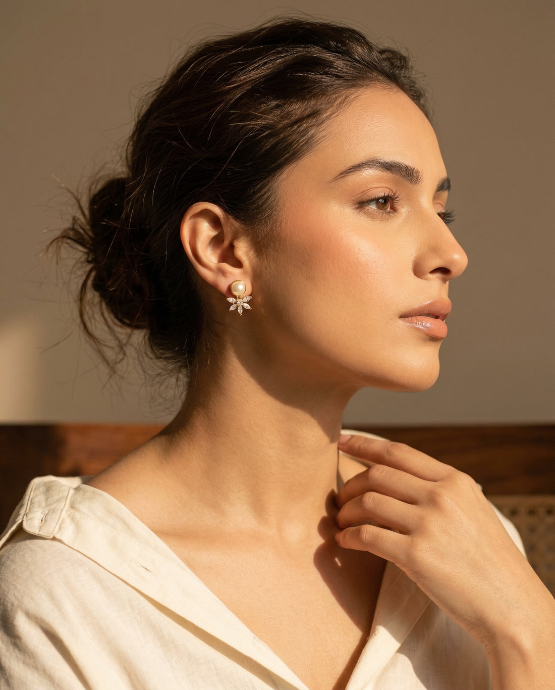 Gold-Plated Floral Pearl CZ Stud Earrings