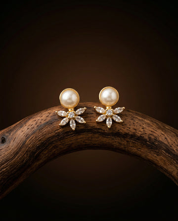 Gold-Plated Floral Pearl CZ Stud Earrings