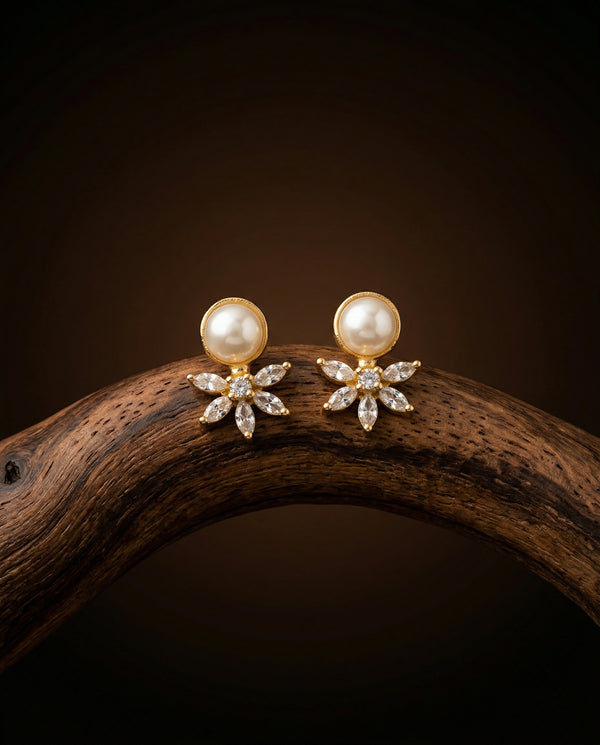Gold-Plated Floral Pearl CZ Stud Earrings