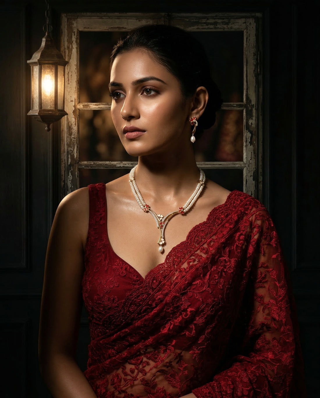 Enchanting Floral Dual-Strand Pearl Necklace & Earring Set