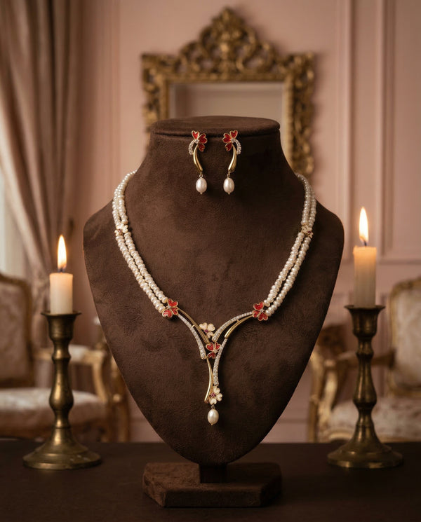 Enchanting Floral Dual-Strand Pearl Necklace & Earring Set