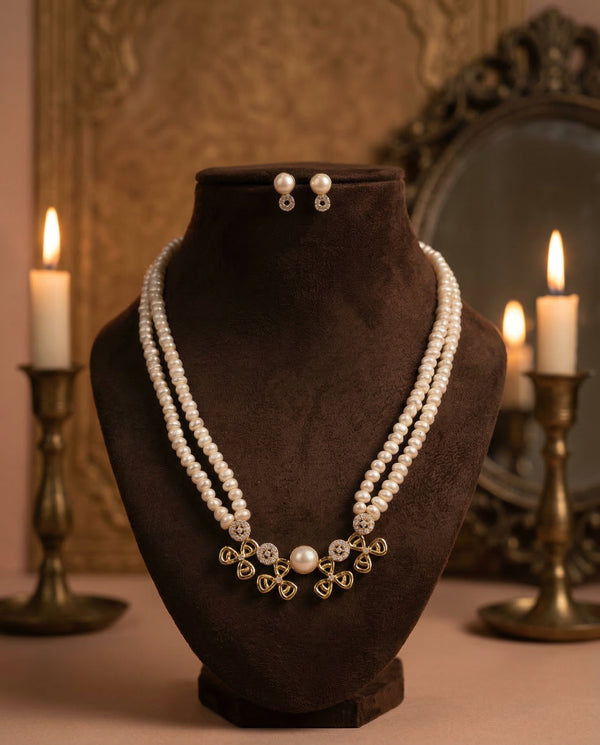 Gold Plated Bloom Double-Strand Pearl & Floral Jewellery Set