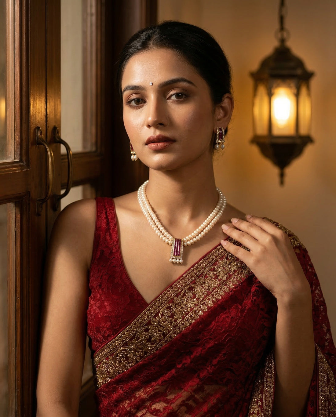 Imperial Art Deco Double-Strand Pearl & Ruby-Tone Jewellery Set