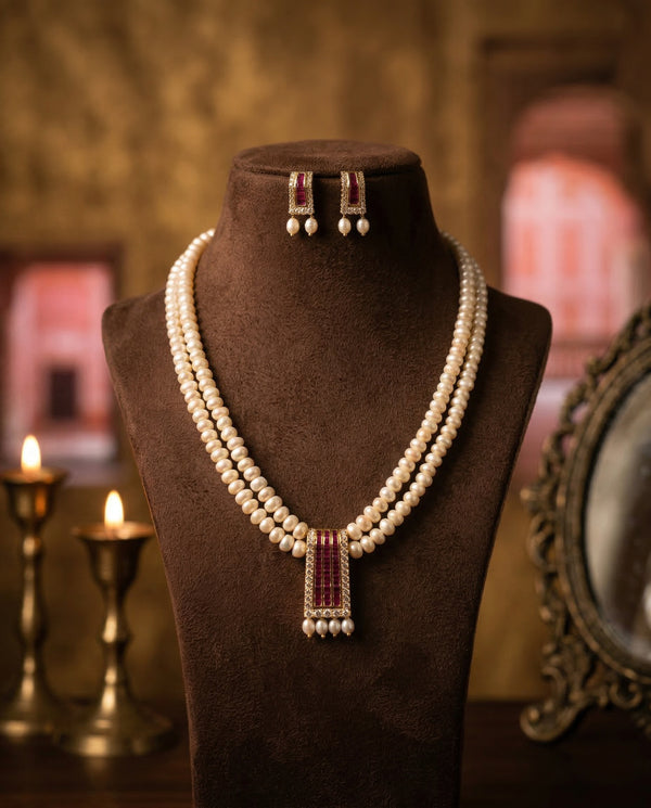 Imperial Art Deco Double-Strand Pearl & Ruby-Tone Jewellery Set