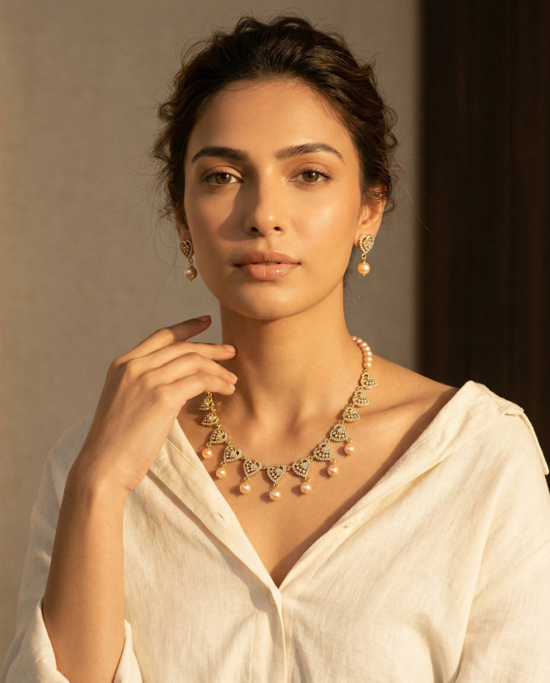 Radiant Heart-Motif Pink Pearl Necklace Set with CZ Earrings