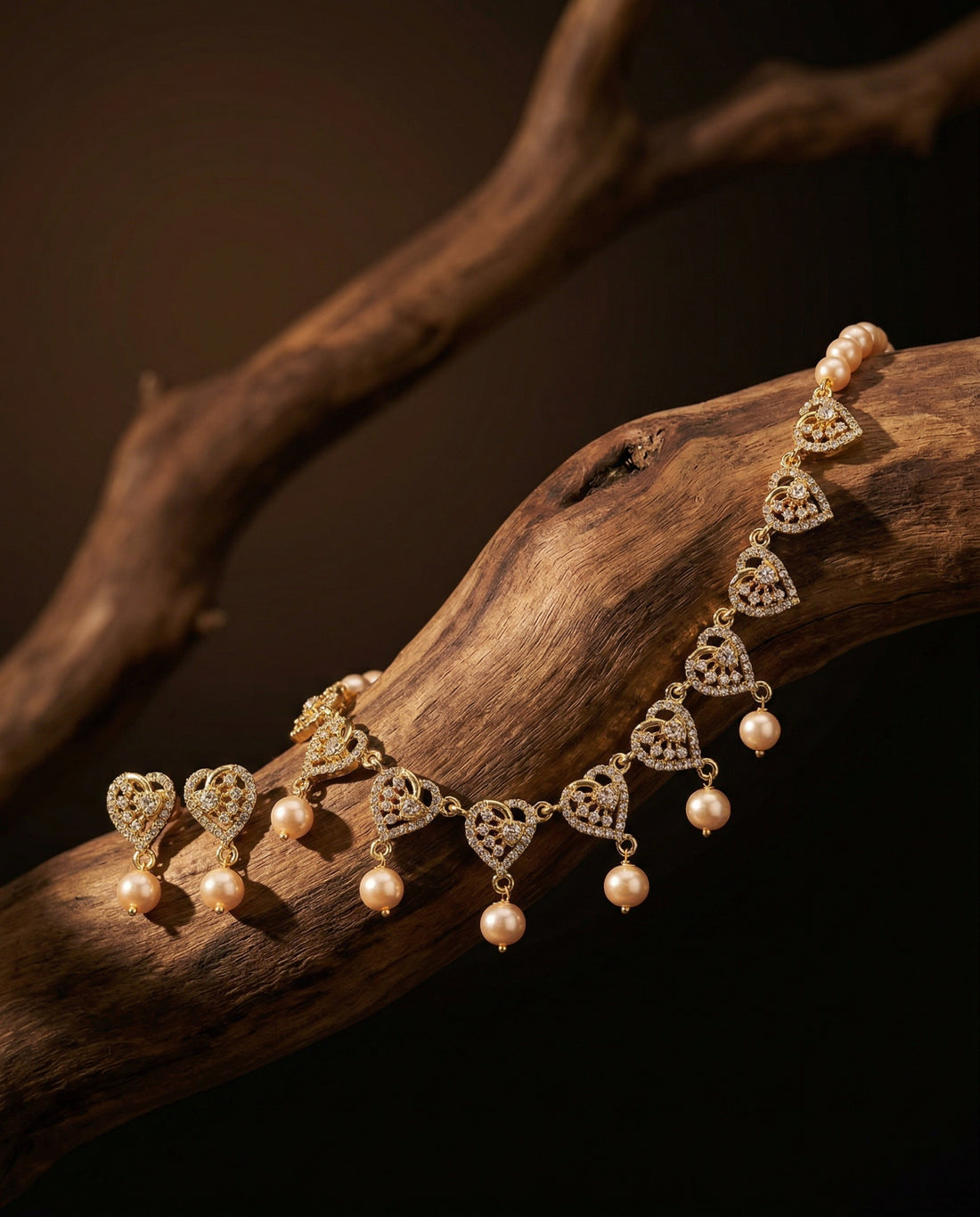 Radiant Heart-Motif Pink Pearl Necklace Set with CZ Earrings