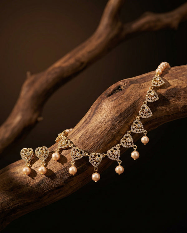 Radiant Heart-Motif Pink Pearl Necklace Set with CZ Earrings