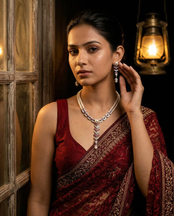 Ethereal Pearl & Ruby-Tone Statement Jewellery Set