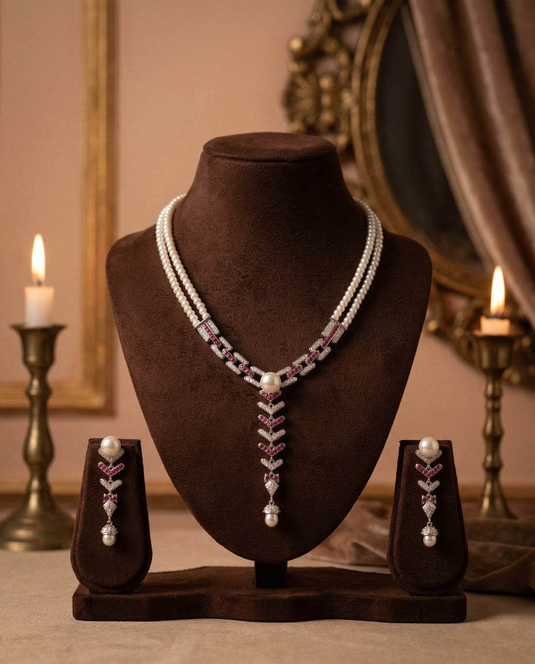 Ethereal Pearl & Ruby-Tone Statement Jewellery Set