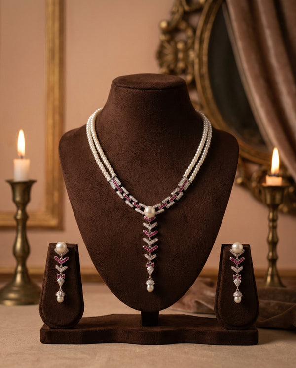 Ethereal Pearl & Ruby-Tone Statement Jewellery Set