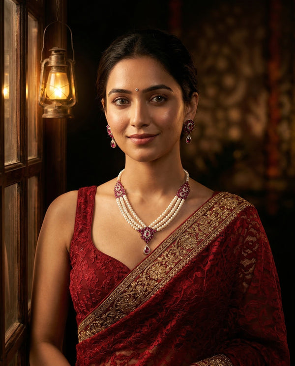 Crimson Blossom Triple-Strand Pearl & Ruby-Tone Jewellery Set