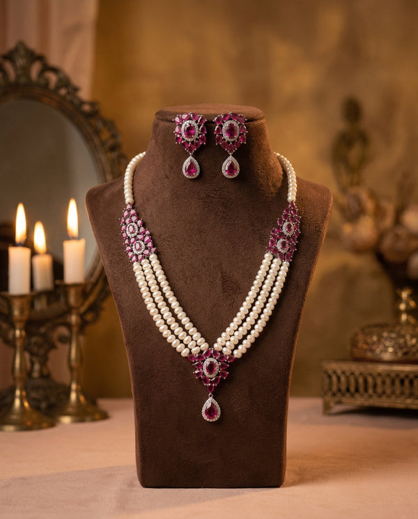 Crimson Blossom Triple-Strand Pearl & Ruby-Tone Jewellery Set