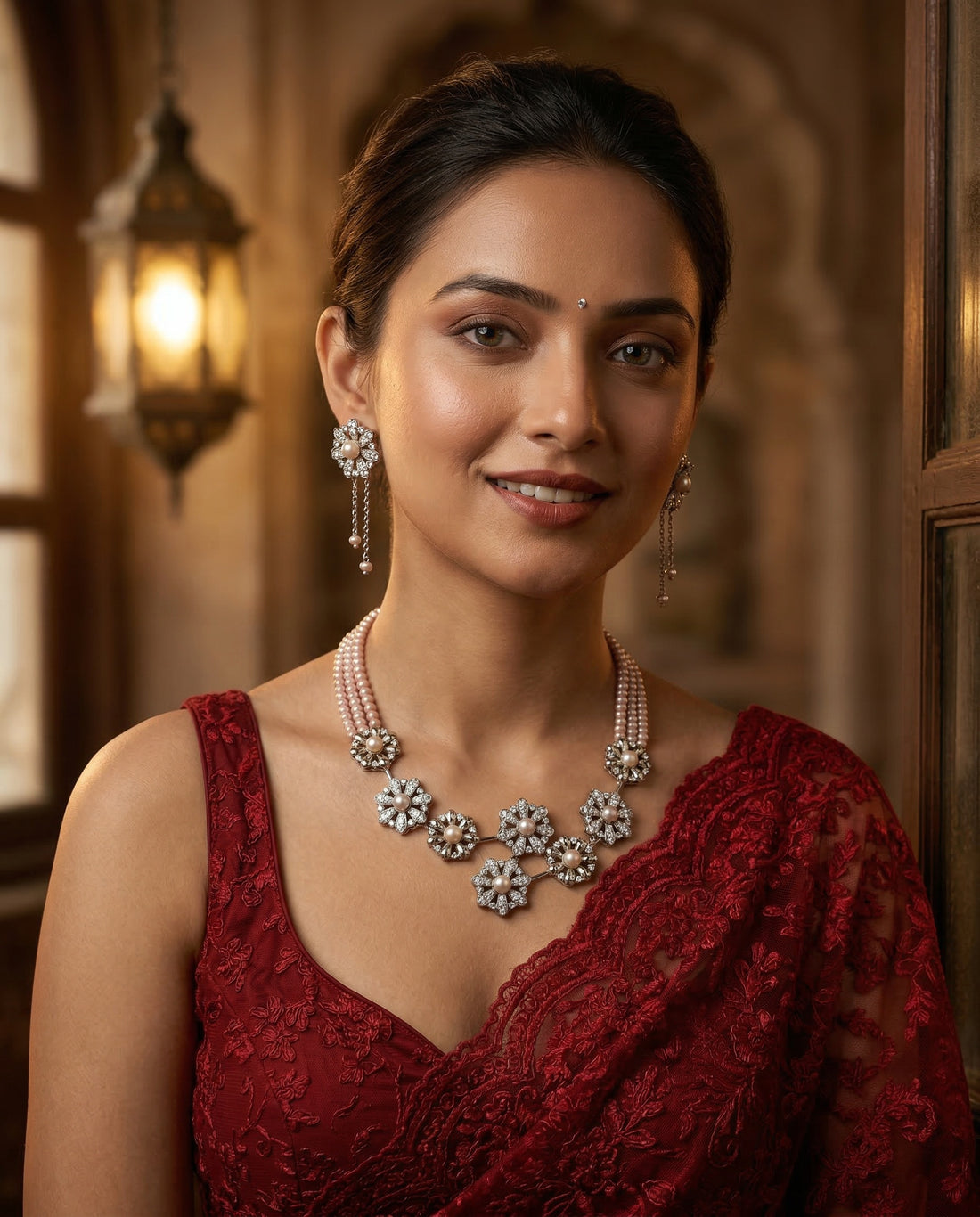 Elegant Triple-Strand Pink Pearl Floral Necklace Set