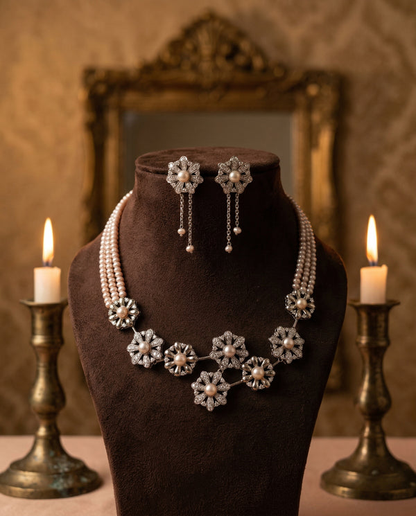 Elegant Triple-Strand Pink Pearl Floral Necklace Set
