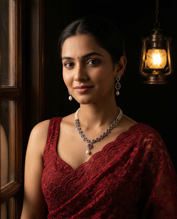 Radiant Ruby Floral Dual-Strand Pearl Necklace & Earring Set