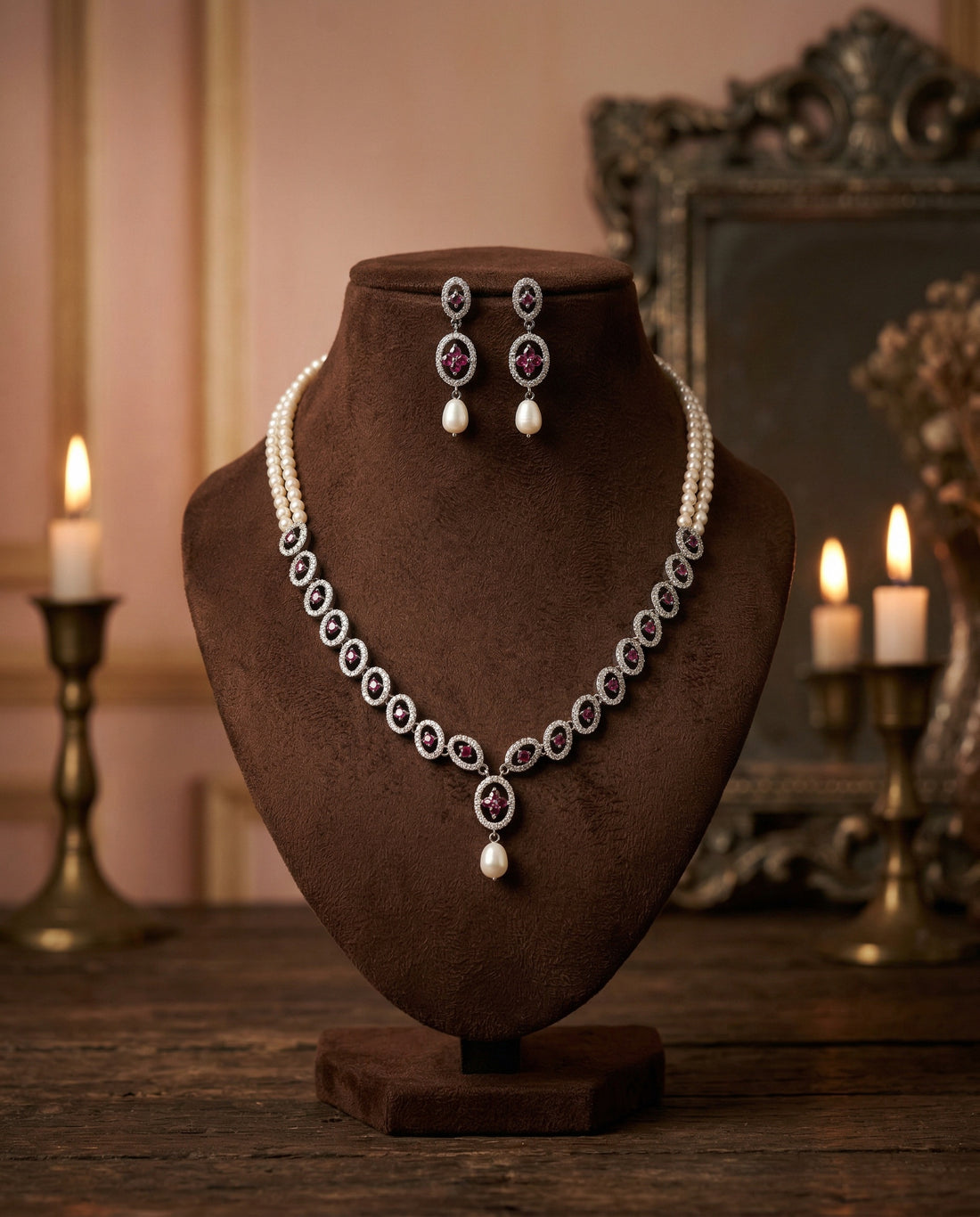 Radiant Ruby Floral Dual-Strand Pearl Necklace & Earring Set