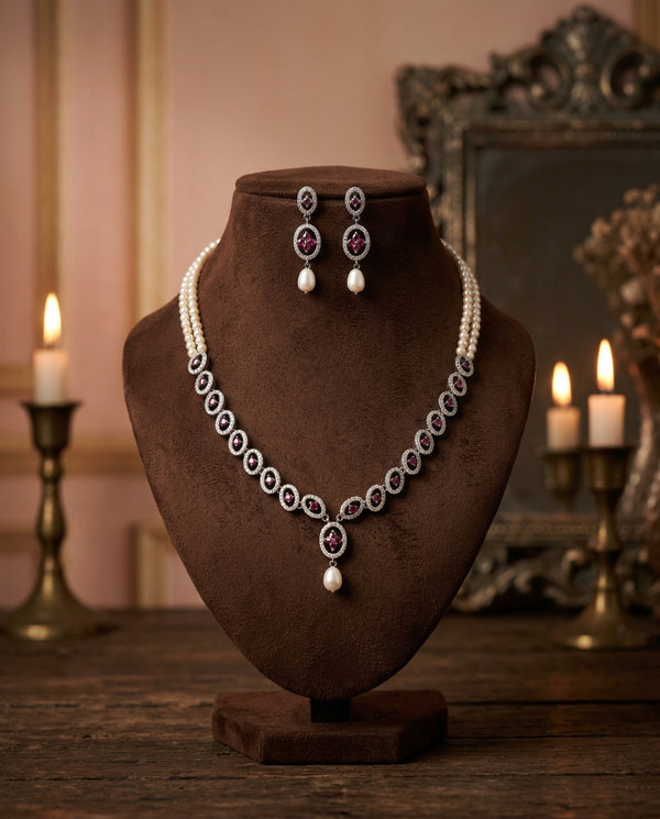 Radiant Ruby Floral Dual-Strand Pearl Necklace & Earring Set