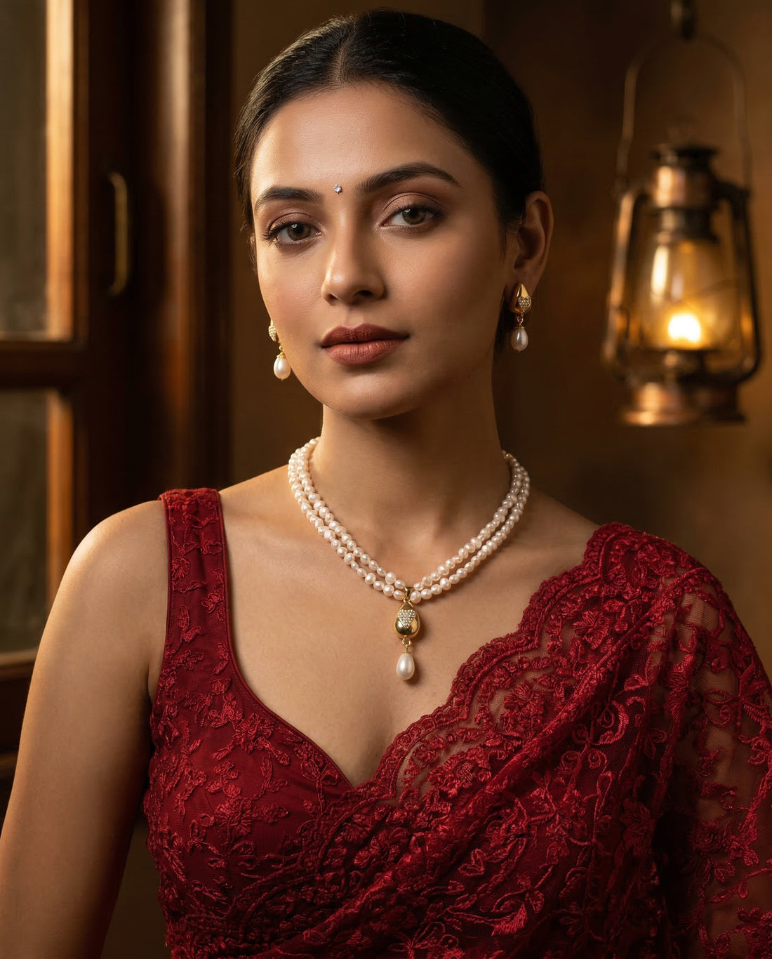 Timeless Heart-Inlay Teardrop Double-Strand Pearl Jewellery Set