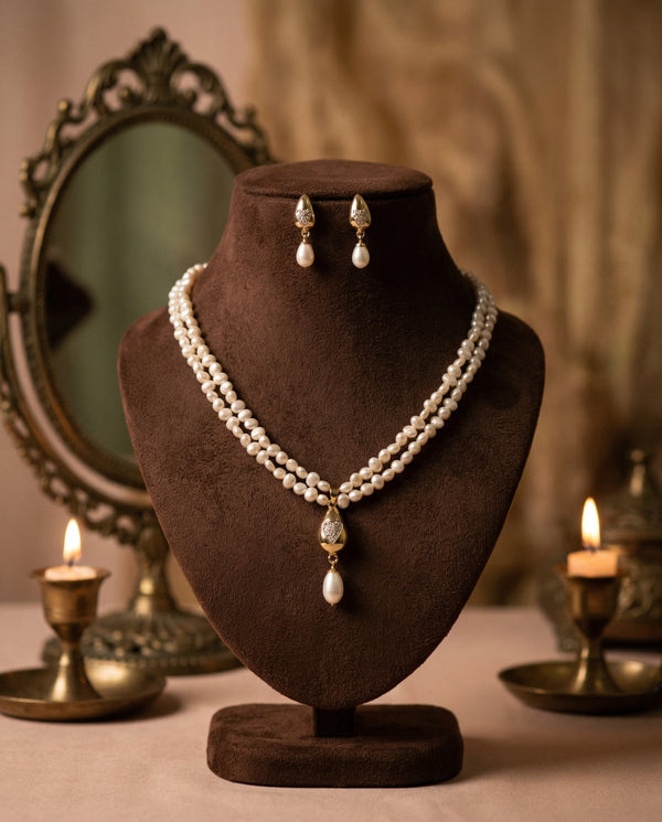 Timeless Heart-Inlay Teardrop Double-Strand Pearl Jewellery Set