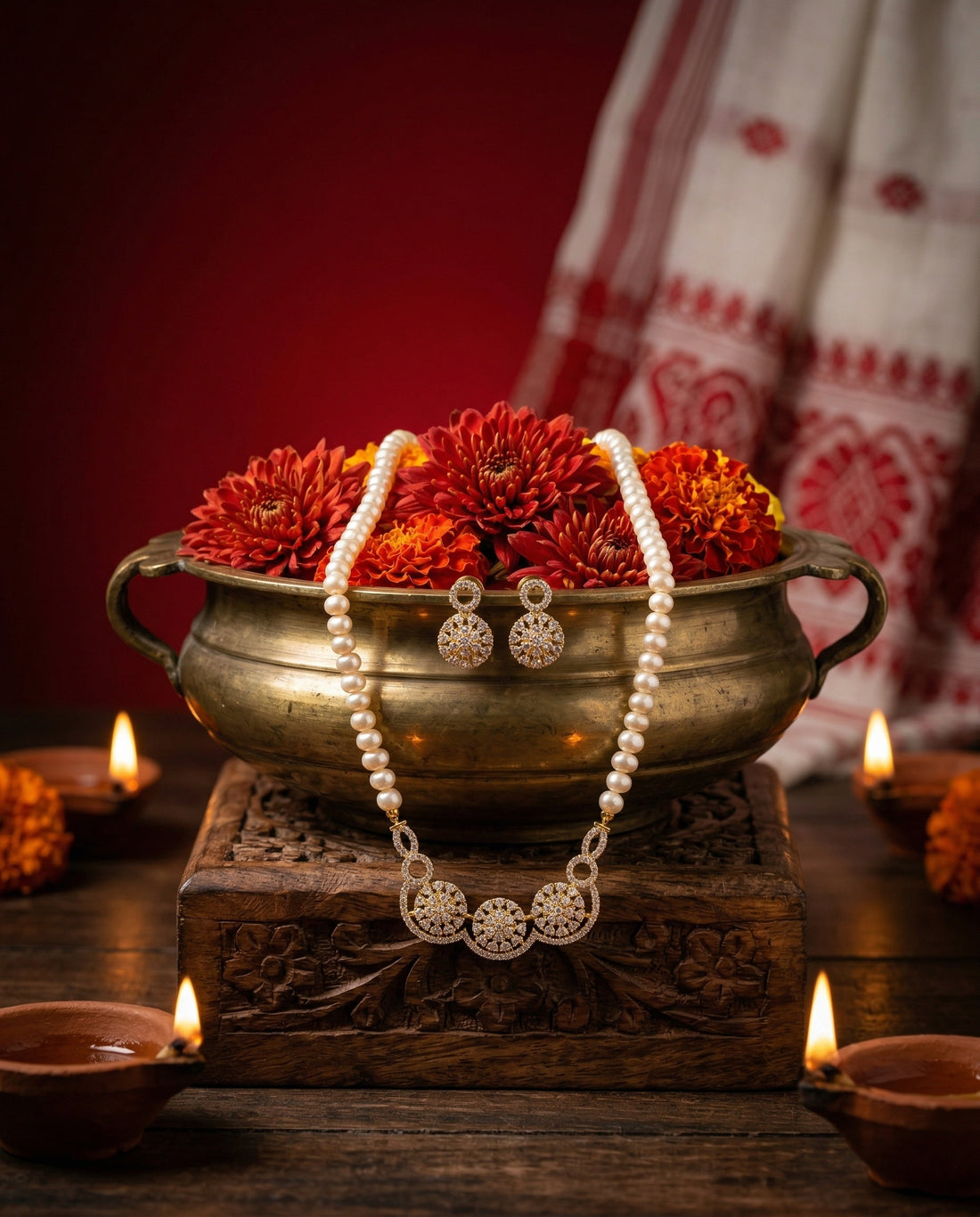 Ethereal Radiance Sunburst Pearl & CZ Jewellery Set