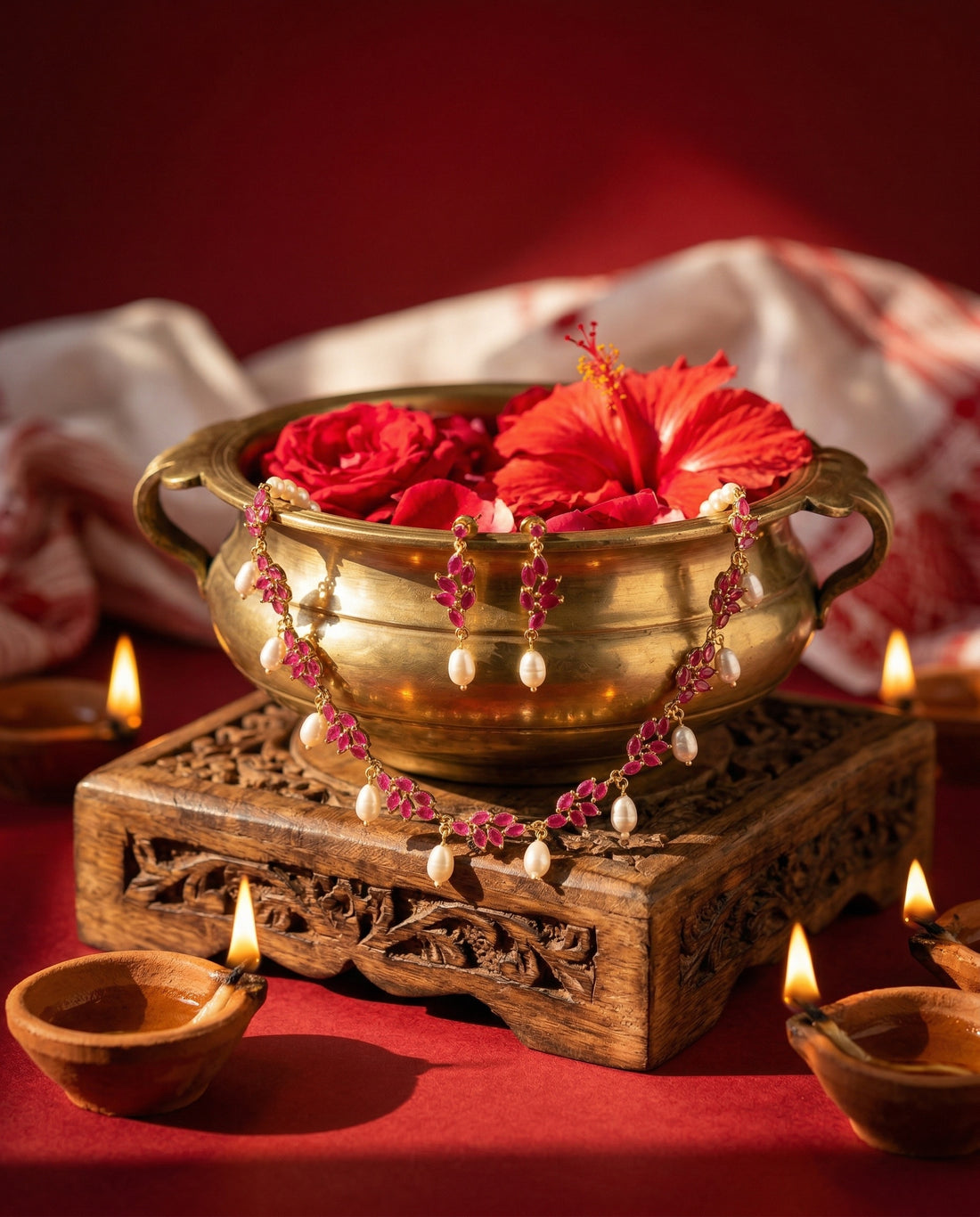 Vintage Crimson Bloom Pearl Necklace & Earring Set