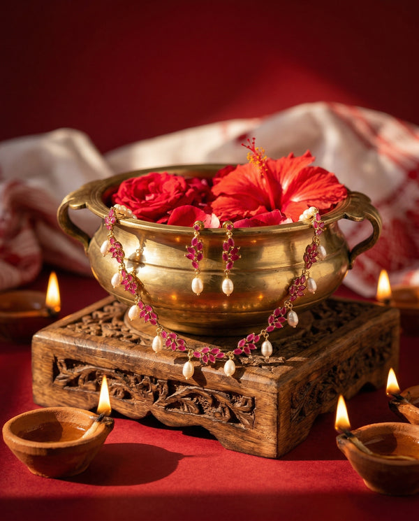 Vintage Crimson Bloom Pearl Necklace & Earring Set