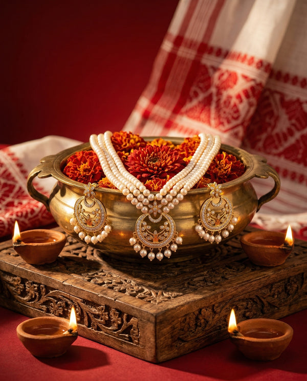 Majestic Triple-Strand Pearl & Floral Jewellery Set