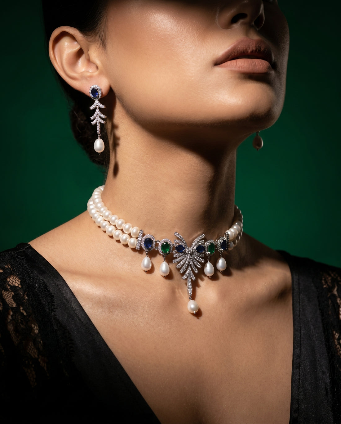 Exquisite CZ Double Strand Pearl Choker Set